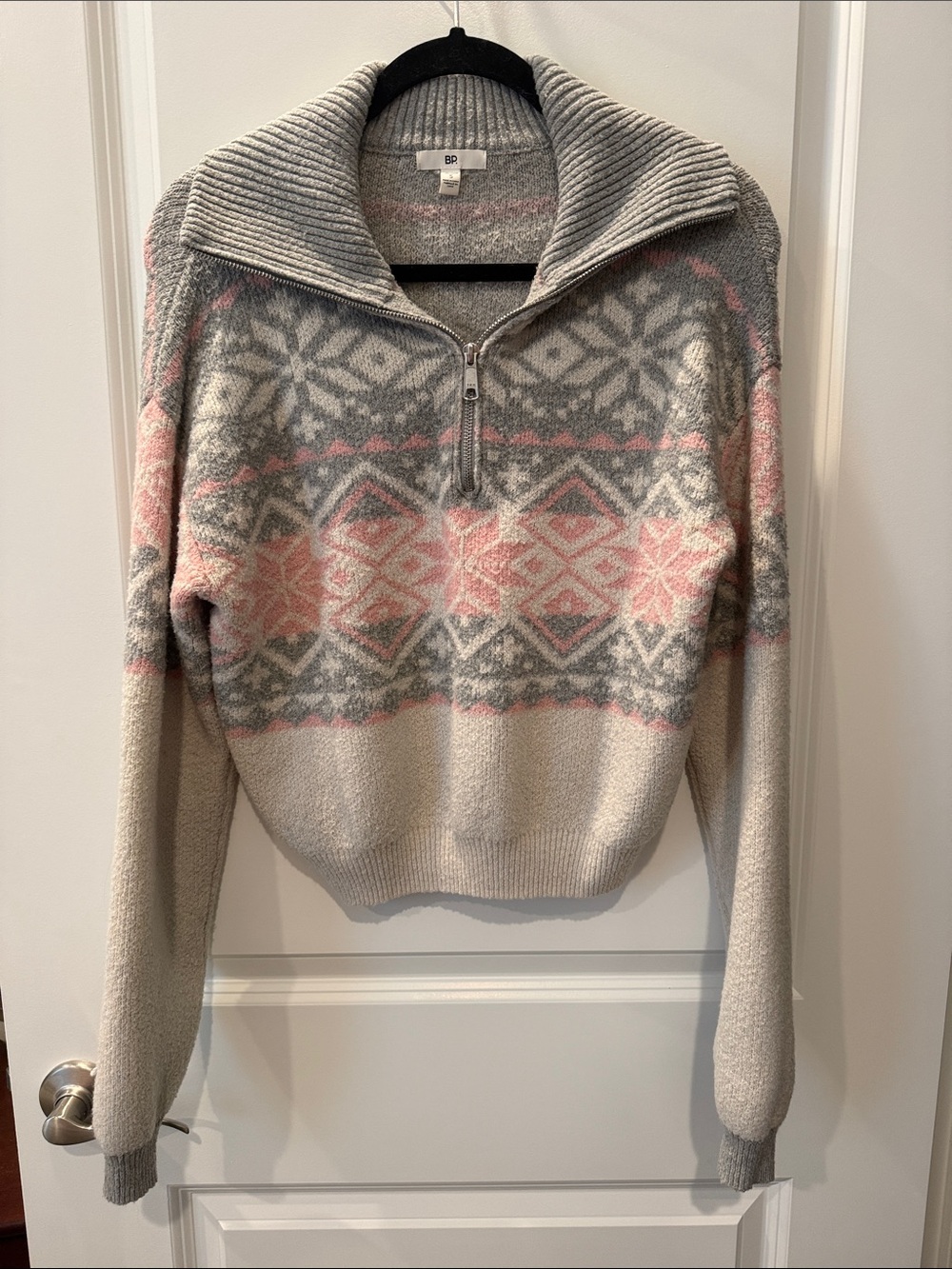 bp Light Gray and Pink Fair Isle Half-Zip Cowl Sweater